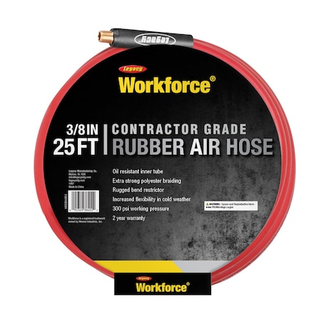 Workforce Air Hose, 3/8in x 25ft, 1/4in Fittings, Red, Rubber HRE3825RD2